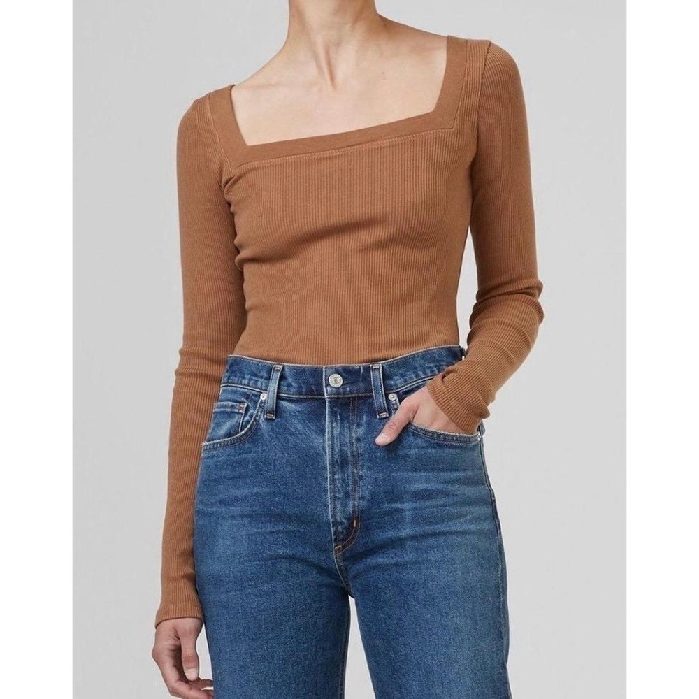 Citizens of Humanity Marisol Square Neck Tee Women XS Brown Excellent Ribbed